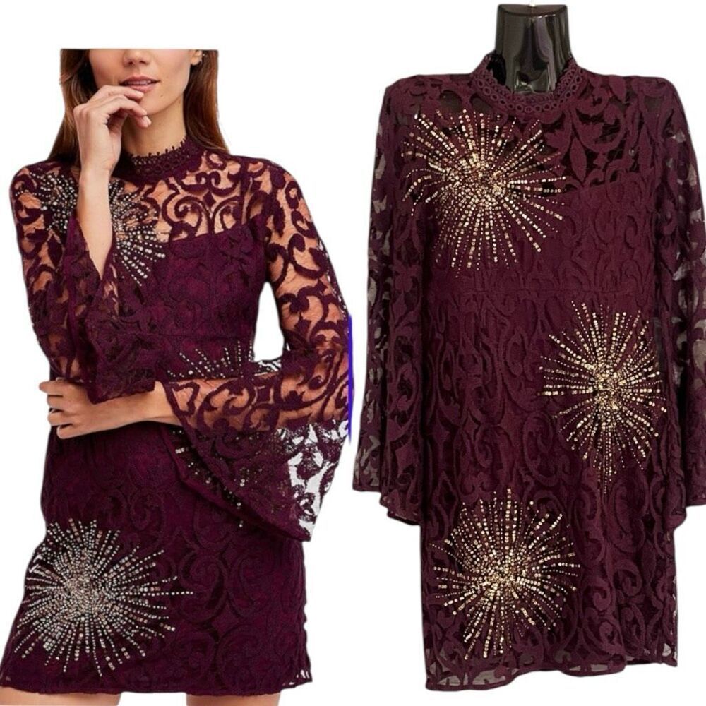 Free People North Star Bell Sleeve Lace Beaded Sequin Mini Dress Burgundy Sz‎ S